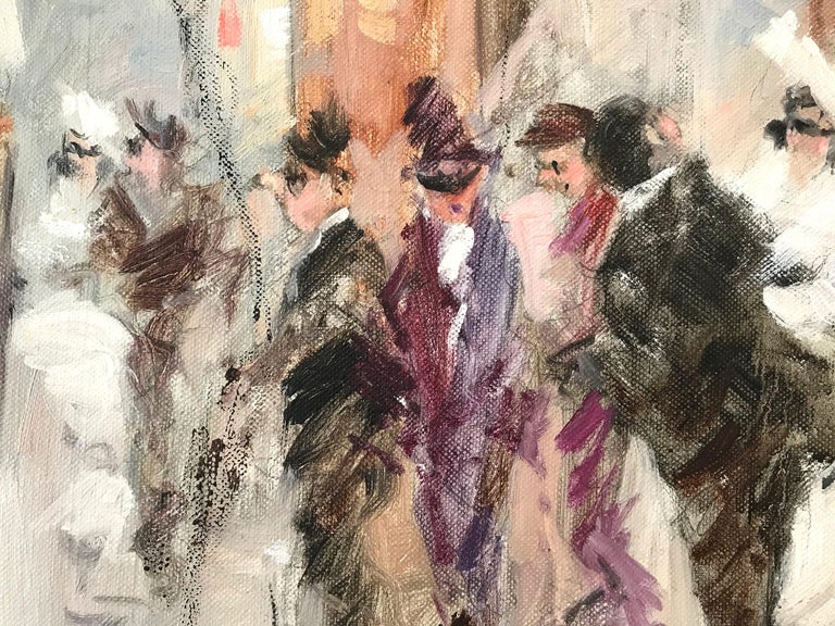 A whimsical oil painting depicting a Street Scene in Paris of people going to a from a masqurade, by Luigi Cagliani. As an Italian Impressionist artist, most of Cagliani's works were produced in the first half of the 20th Century. He was known for