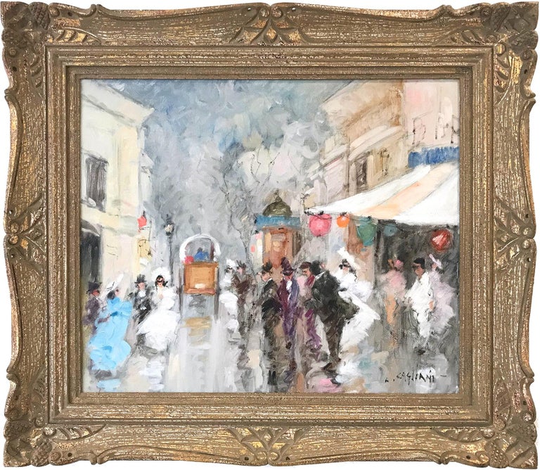Luigi Cagliani Figurative Painting - "Masquerade Parisian Street Scene Figures" Impressionist Oil on Canvas Painting