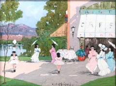 "Parisian Cafe by the Lake" Impressionist Scene Figures Oil on Canvas Painting