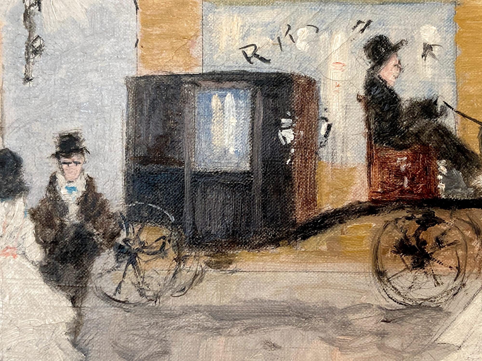 Una caprichosa pintura al óleo que representa una escena de un café parisino en París, Francia, obra de Luigi Cagliani. Como artista impresionista italiano, Cagliani realizó la mayoría de sus obras en la primera mitad del siglo XX, y era conocido