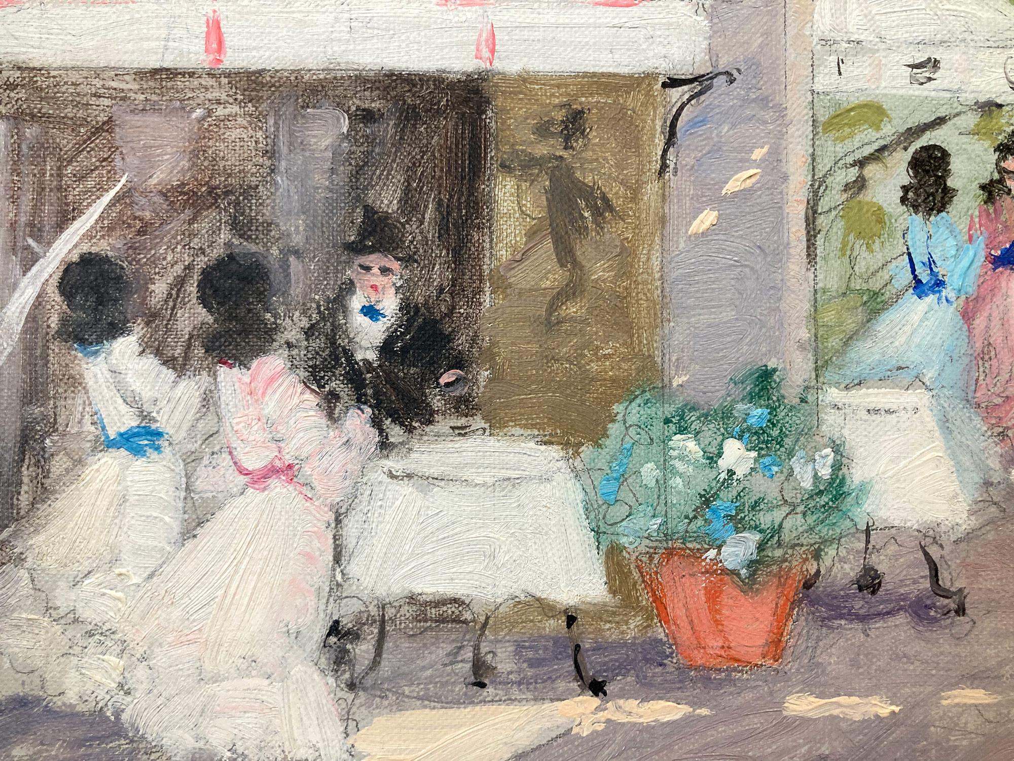 A whimsical oil painting depicting a Parisian Cafe scene in Paris, France by Luigi Cagliani. As an Italian Impressionist artist Cagliani most of his works were produced in the first half of the 20th Century, he was known for his charming
