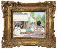 „Parisian Cafe Scene“ Romantisches impressionistisches Ölgemälde mit Figuren und Blumen, Paar