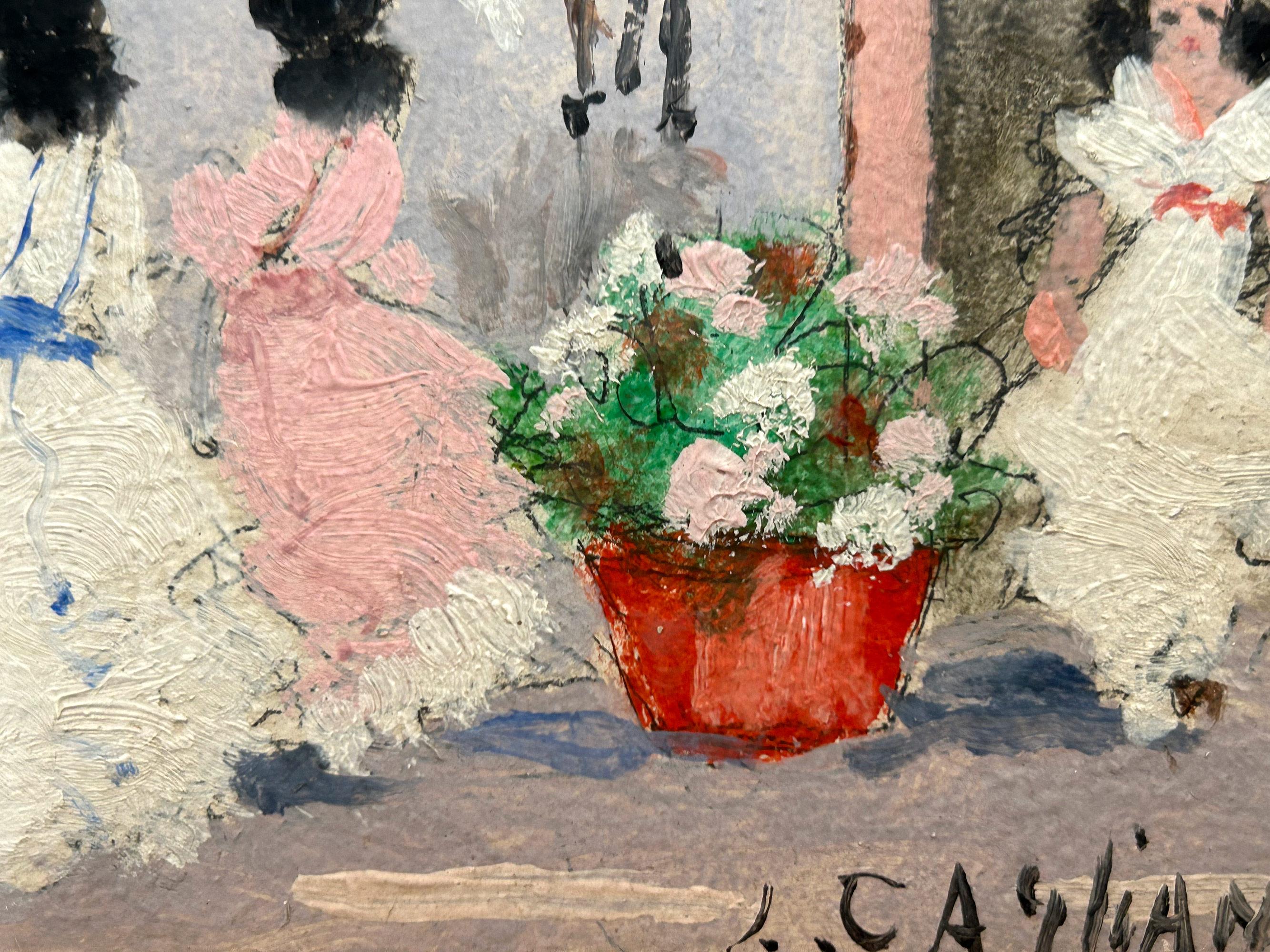 A whimsical oil painting depicting a Parisian Cafe scene in Paris, France by Luigi Cagliani. As an Italian Impressionist artist Cagliani most of his works were produced in the first half of the 20th Century, he was known for his charming