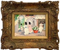 "Parisian Cafe Scene" Small Impressionist Oil Painting Framed in Antique Frame