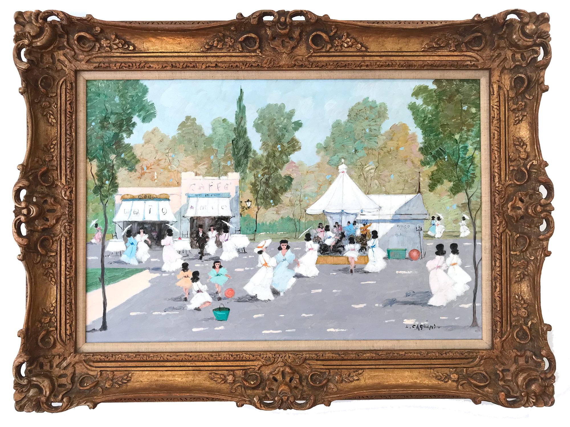 Luigi Cagliani Figurative Painting - "Parisian Cafe Scene with Figures" Impressionist Scene Oil on Canvas Painting