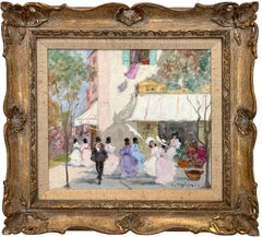 "Parisian Cafe Scene with Figures" Impressionist Scene Oil on Canvas Painting