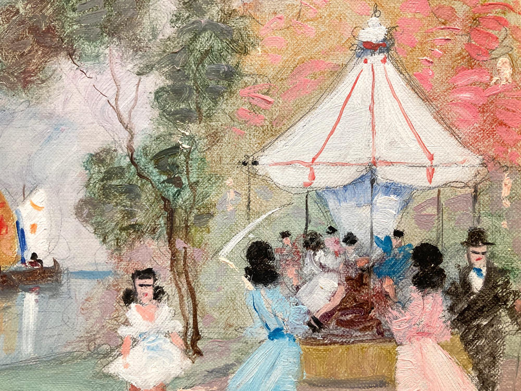 A whimsical oil painting depicting a carnival scene in Paris, France by Luigi Cagliani. As an Italian Impressionist artist Cagliani most of his works were produced in the first half of the 20th Century, he was known for his charming compositions. He