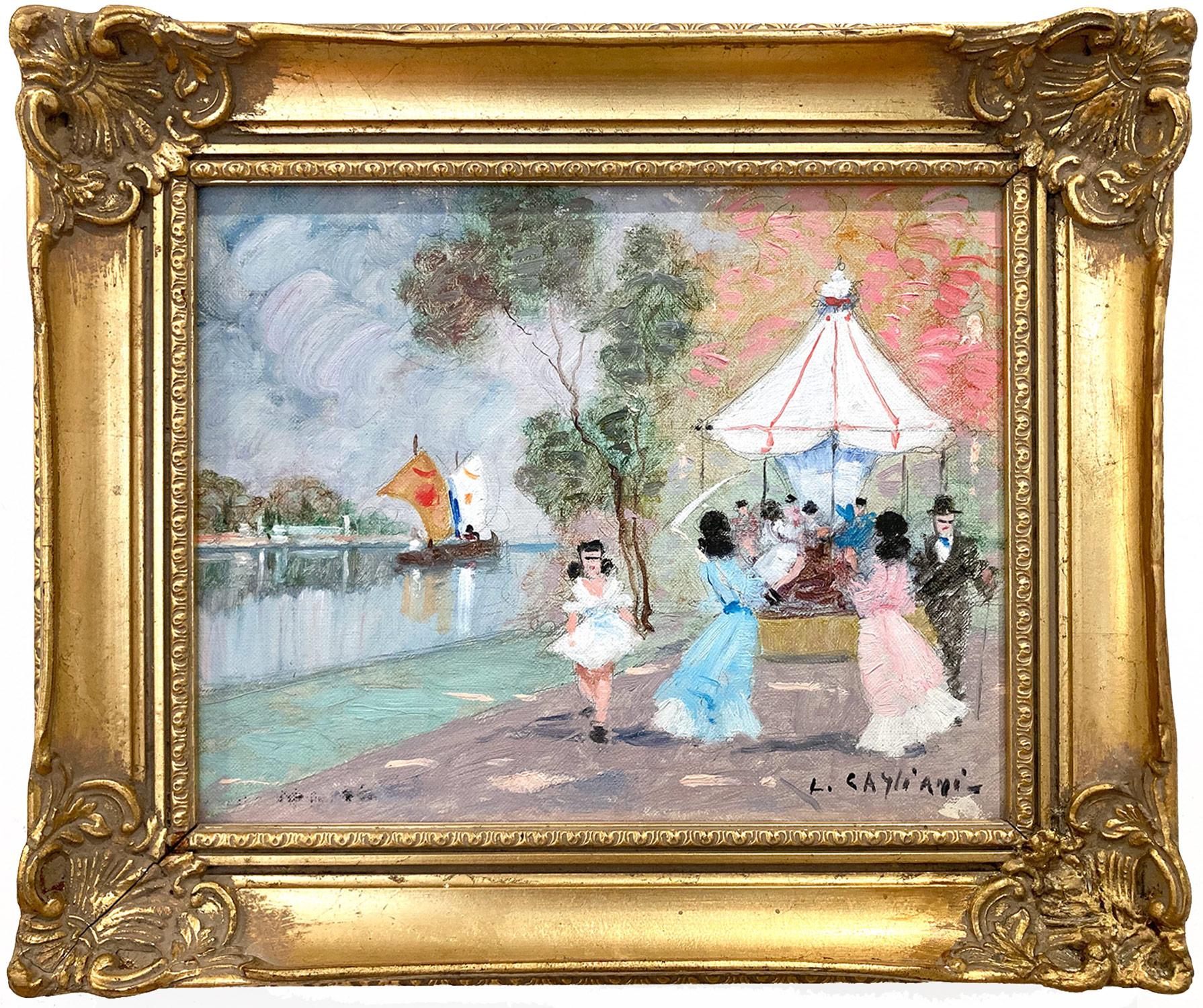 Luigi Cagliani Figurative Painting - "Parisian Carnival with Children & Carousel" Romantic Impressionist Oil Painting