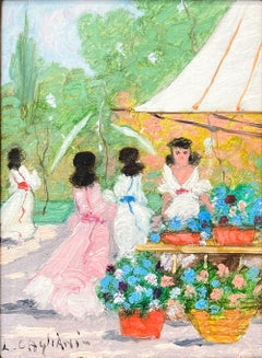 "Parisian Flower Market" Romantic Impressionist Oil Painting with Figures