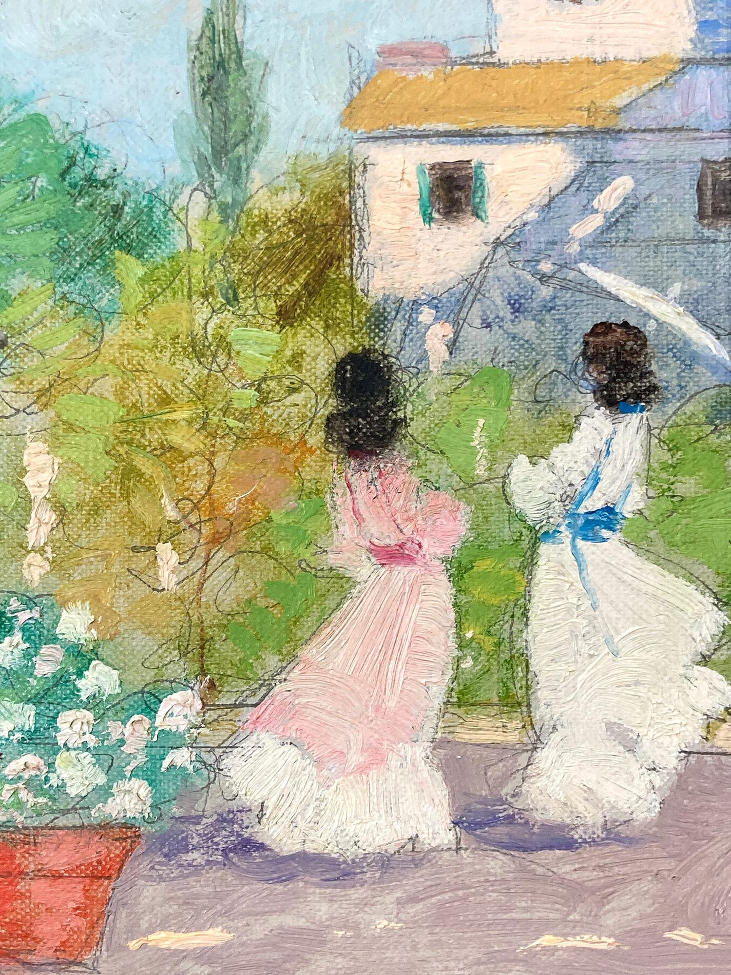 A whimsical oil painting depicting a Parisian Flower Market scene in Paris, France by Luigi Cagliani. As an Italian Impressionist artist Cagliani most of his works were produced in the first half of the 20th Century, he was known for his charming