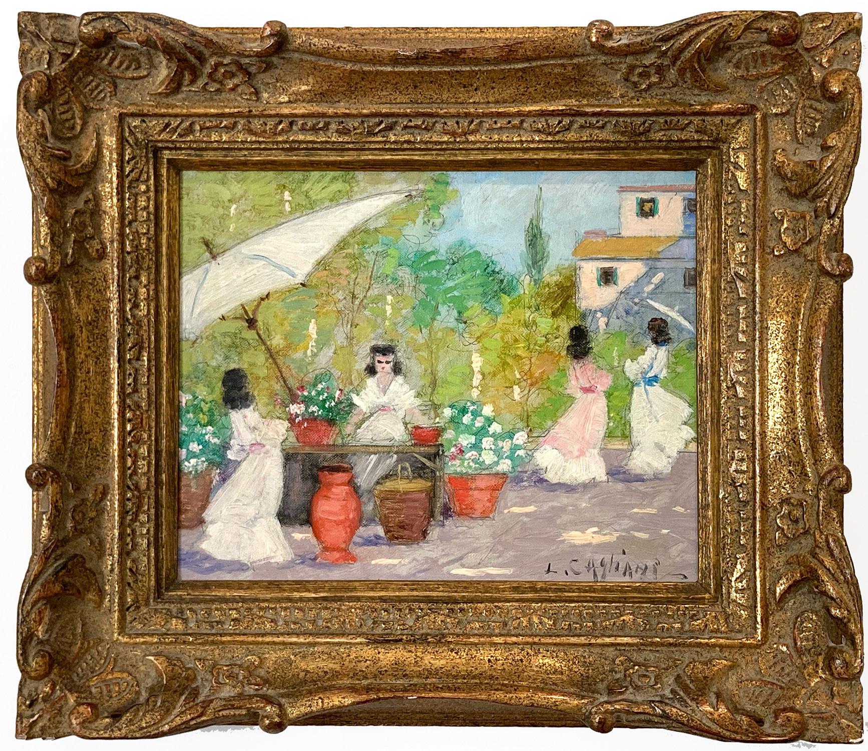 Luigi Cagliani Figurative Painting - "Parisian Flower Market" Romantic Impressionist Oil Painting with Figures