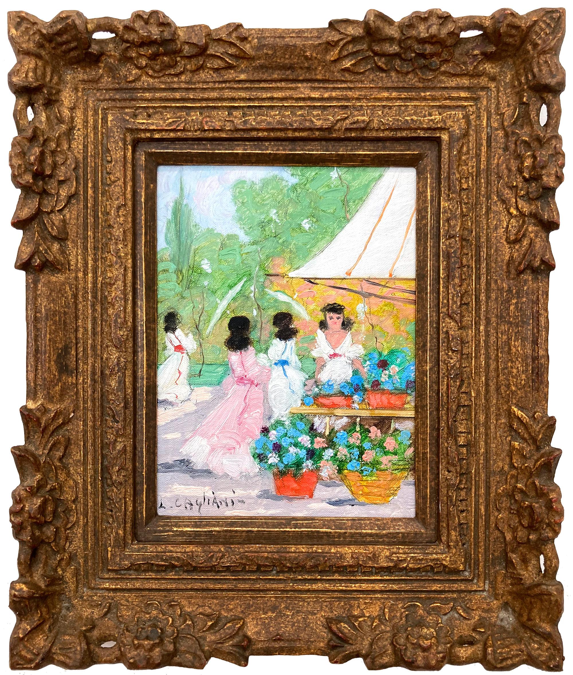 "Parisian Flower Market" Romantic Impressionist Oil Painting with Figures