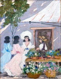 "Parisian Flower Market with Figures" Impressionist Scene Oil on Canvas Painting