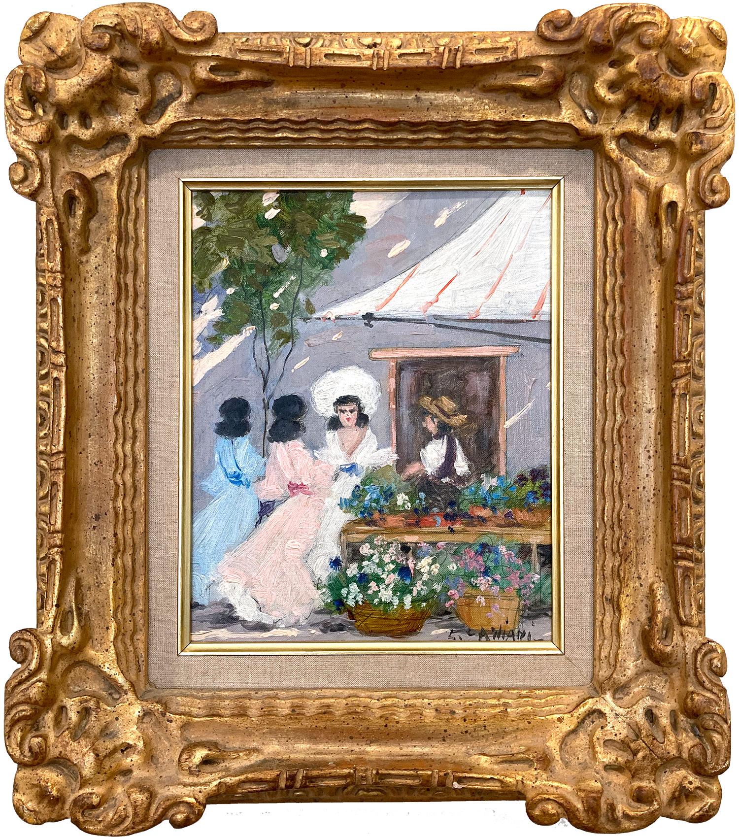 Luigi Cagliani Landscape Painting - "Parisian Flower Market with Figures" Impressionist Scene Oil on Canvas Painting