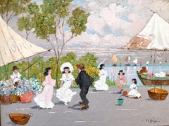 "Parisian Flower Market with Sail Boats" Impressionist Oil Painting with Figures