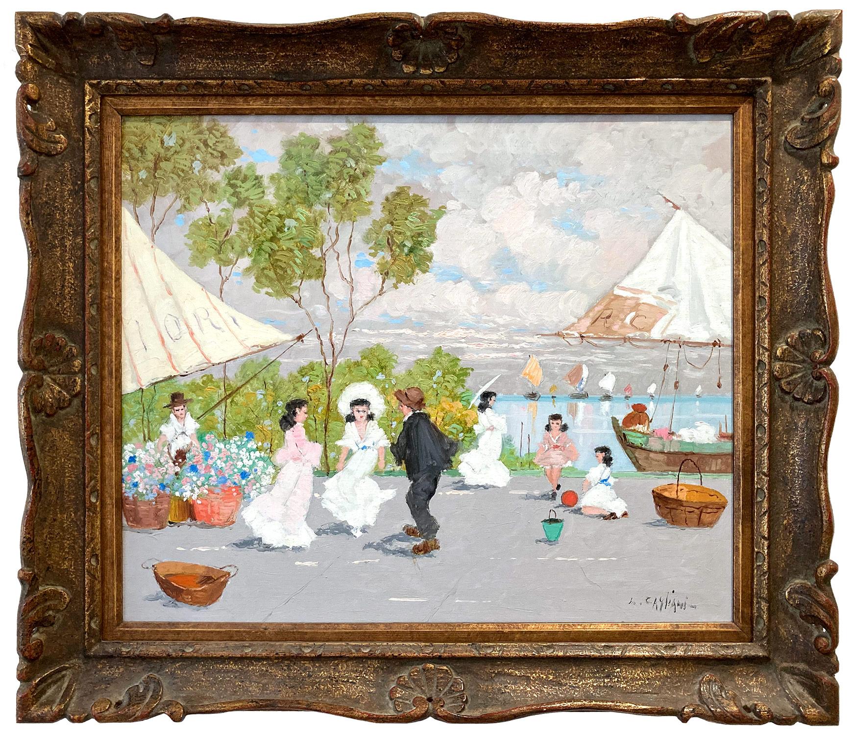 Luigi Cagliani Figurative Painting - "Parisian Flower Market with Sail Boats" Impressionist Oil Painting with Figures