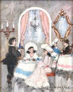 "Parisian Restaurant Scene with Figures" Impressionist Oil Painting on Canvas