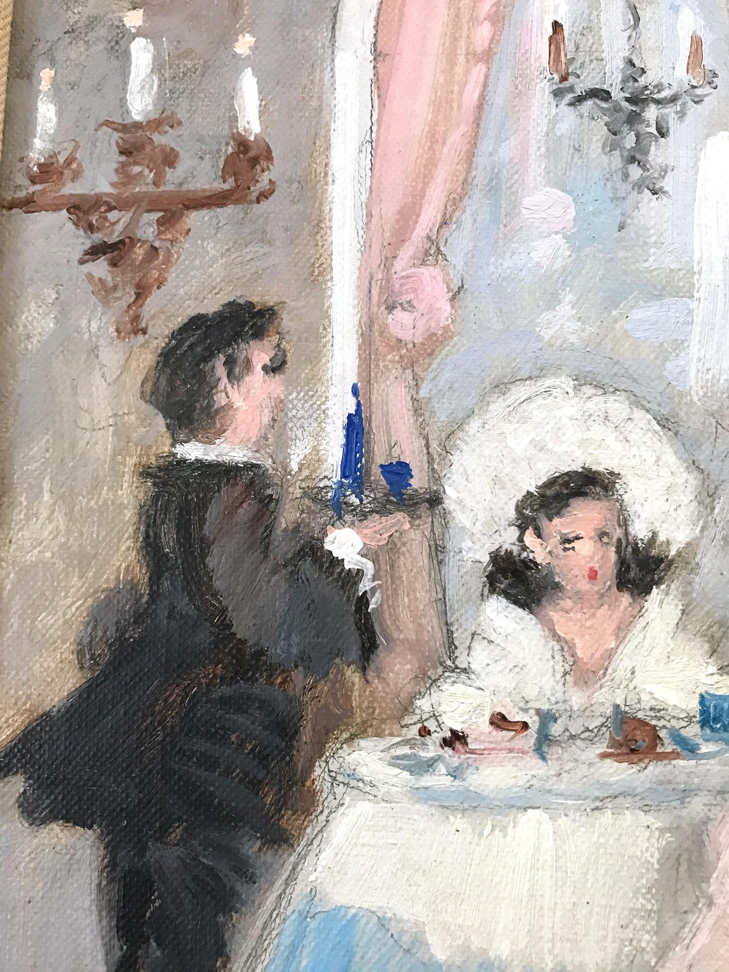 A whimsical oil painting depicting a Restaurant Scene in Paris with a waiter and customers. A truly intimate scene with candelabras shown left, and ornate settings throughout. As an Italian Impressionist artist, most of Cagliani's works were