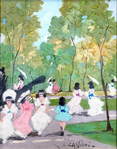 "Scène de parc de printemps parisien avec personnages" Peinture impressionniste à l'huile sur toile