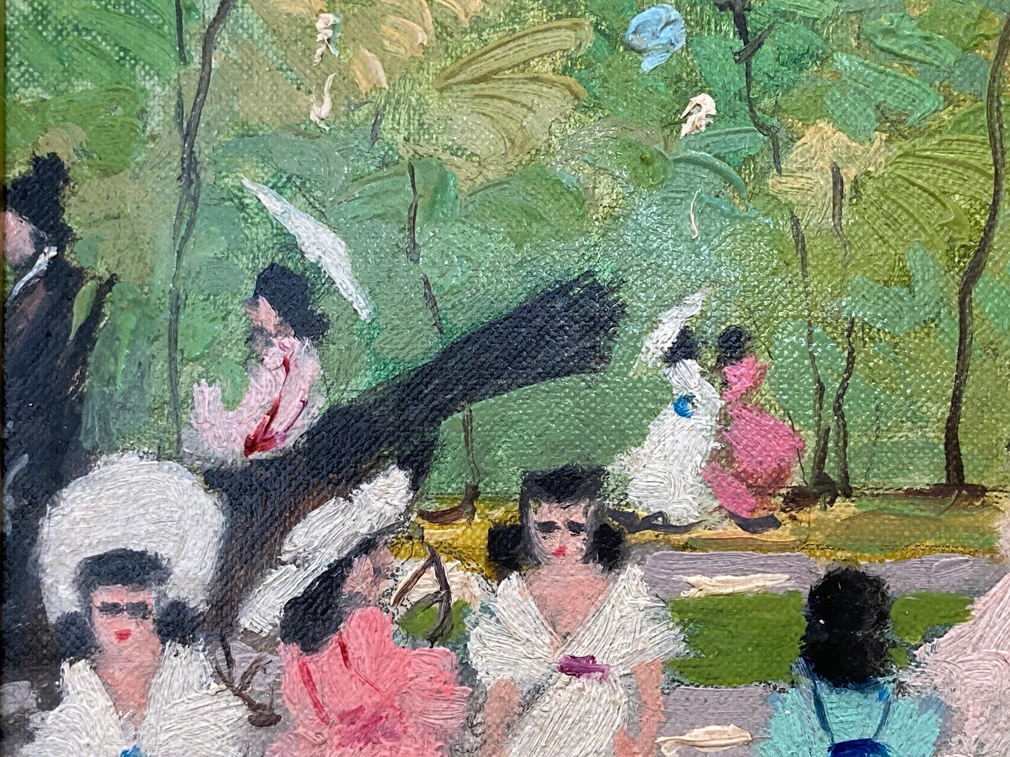 A whimsical oil painting depicting a park scene in Paris during spring by Luigi Cagliani. As an Italian Impressionist artist, most of Cagliani's works were produced in the first half of the 20th Century. He was known for his charming compositions