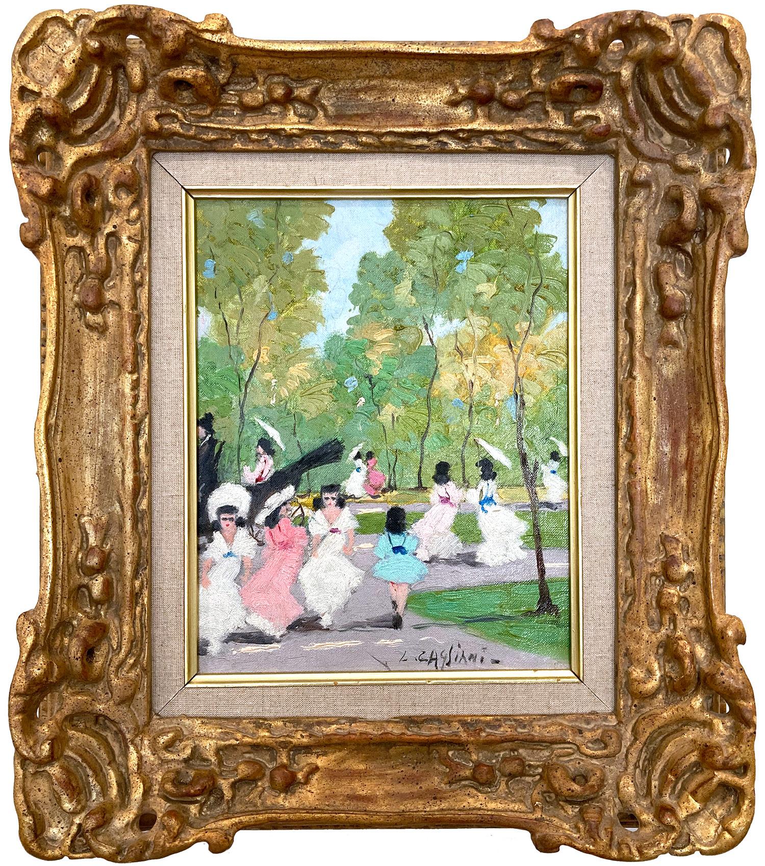 Luigi Cagliani Figurative Painting - "Parisian Spring Park Scene with Figures" Impressionist Oil on Canvas Painting