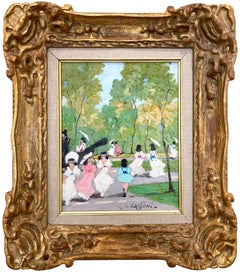 "Parisian Spring Park Scene with Figures" Impressionist Oil on Canvas Painting