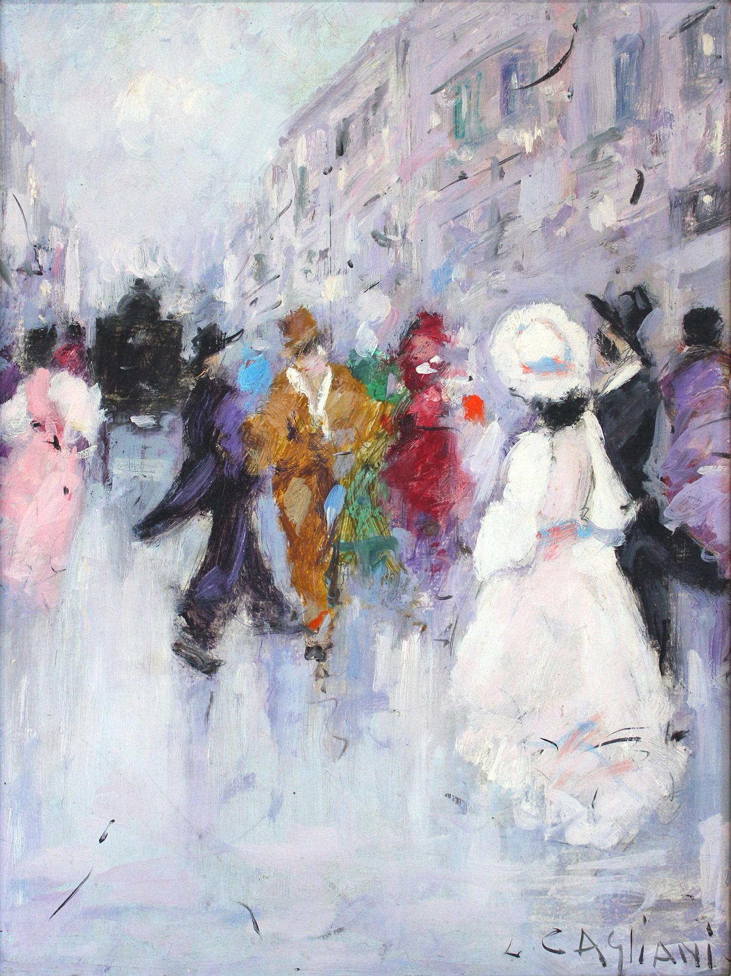 Parisian Street Scene with Figures - Painting by Luigi Cagliani