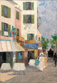 "Italian Village Cafe" Romantic Impressionist Oil Painting Street Scene Canvas