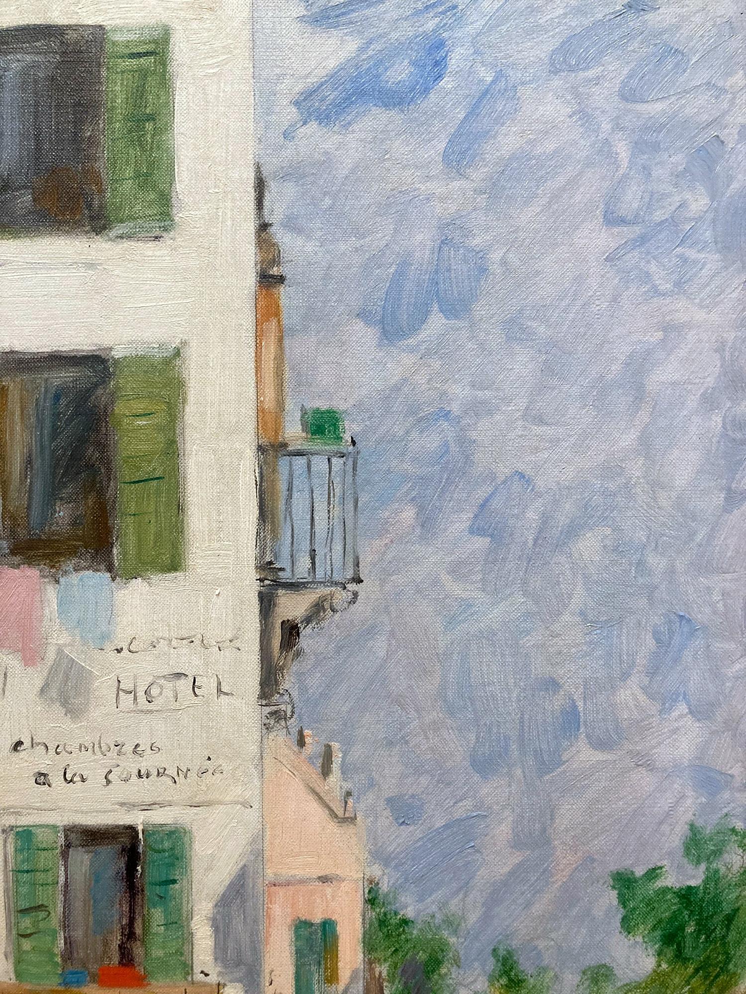 A whimsical oil painting depicting a cafe scene in a Parisian Village. Luigi Cagliani was known for his charming compositions and settled in Lombardy, which helps explain his passion for intimate Parisian style paintings. He also favored painting