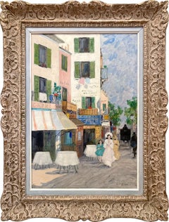 „Parisian Village Cafe“ Romantisches impressionistisches Ölgemälde, Straßenszene, Leinwand
