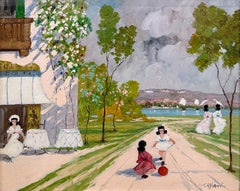 "Promenade sur le lac de Como" Peinture à l'huile impressionniste romantique avec figures