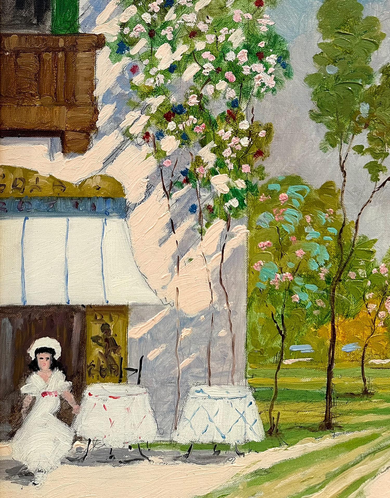 Una caprichosa pintura al óleo que representa a unas figuras jugando junto al lago Como, en Europa, cerca de un íntimo café. El lago de Como, en la región de Lombardía, al norte de Italia, es una zona turística de lujo conocida por su espectacular