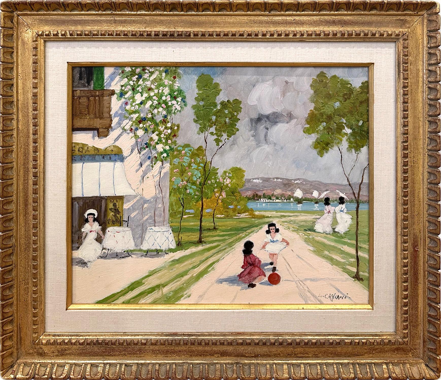 Landscape Painting de Luigi Cagliani - "Paseo por el Lago Como" Pintura al óleo impresionista romántica con figuras