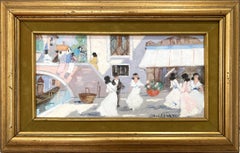 "Venetian Cafe Scene with Gondola" Romantic Impressionist Oil Painting Framed