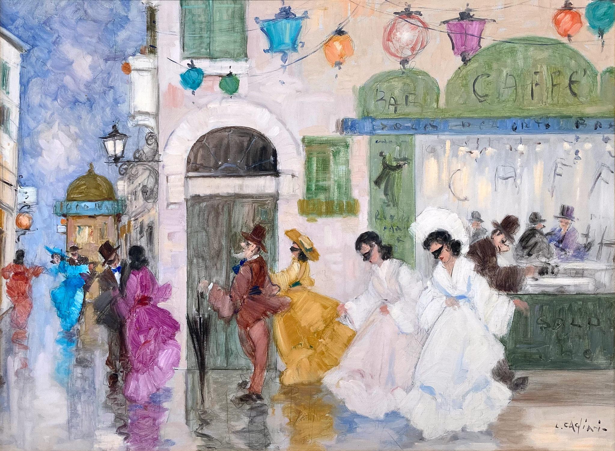 „Venetian Masquerade“, romantisches impressionistisches Ölgemälde, Straßenszene und Figuren – Painting von Luigi Cagliani