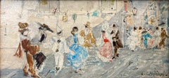 "Venetian Masquerade" Romantic Impressionist Oil Painting Street Scene & Figures