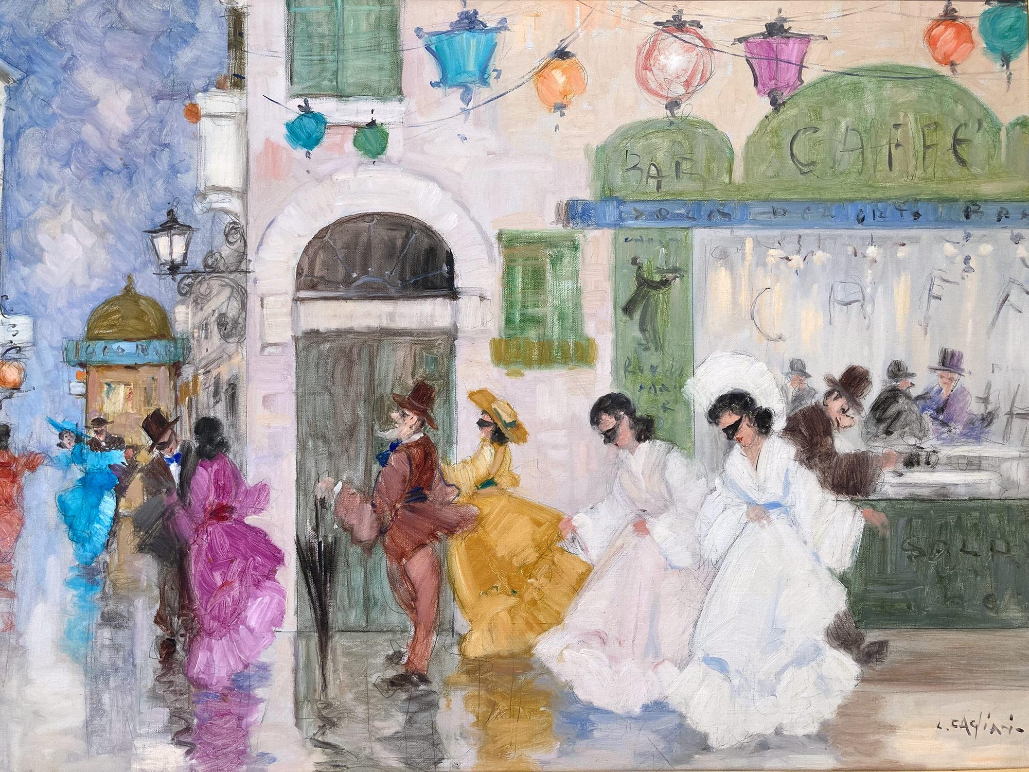 Peinture à l'huile impressionniste romantique représentant une scène de rue et des personnages d'un masqué vénitien - Impressionnisme Painting par Luigi Cagliani