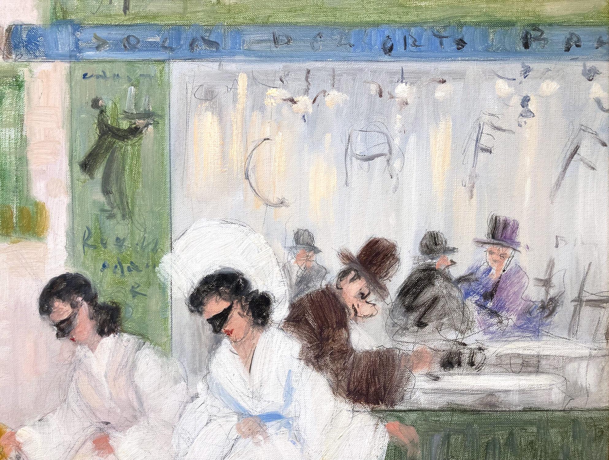 Peinture à l'huile impressionniste romantique représentant une scène de rue et des personnages d'un masqué vénitien en vente 1
