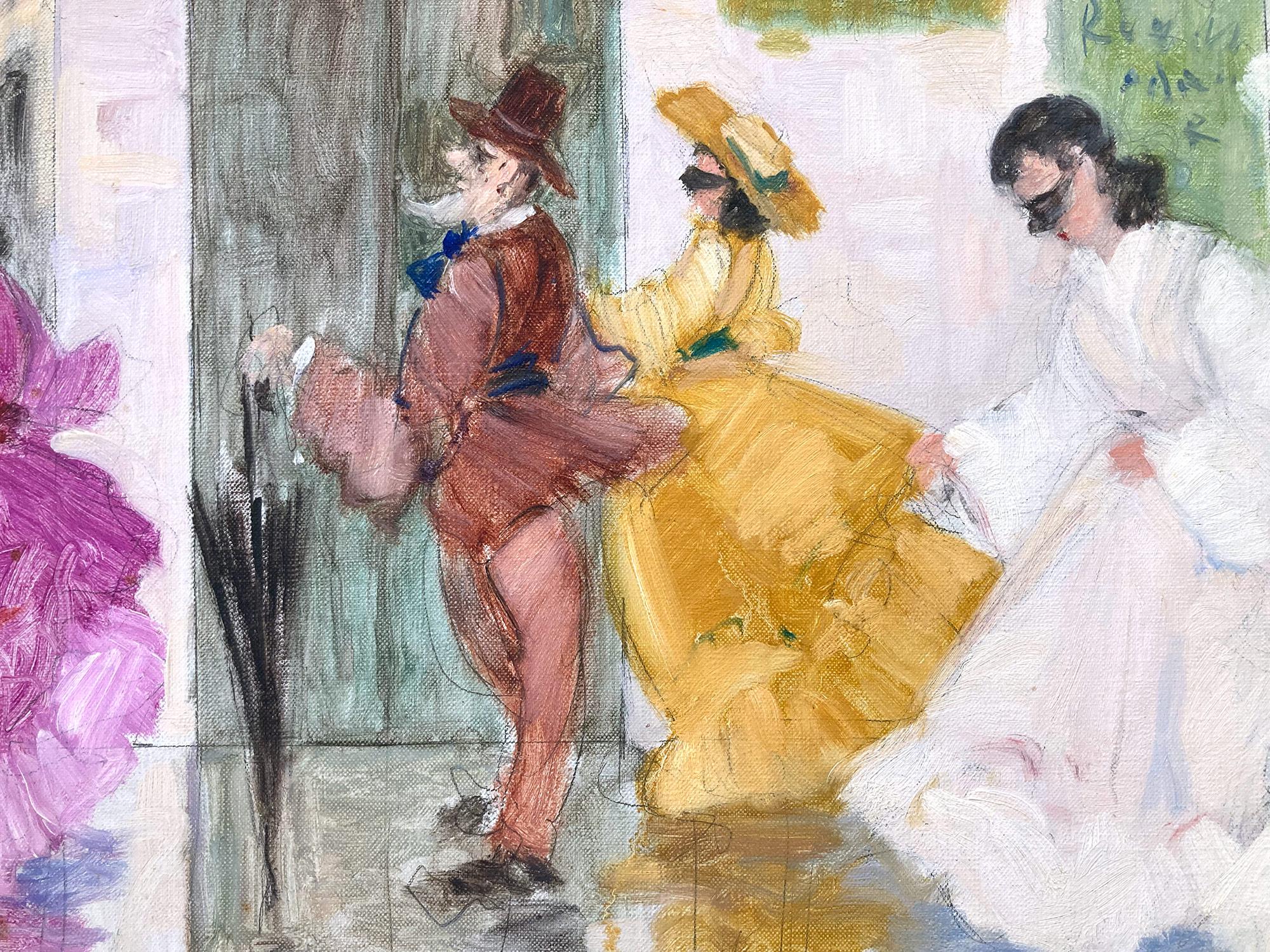 Peinture à l'huile impressionniste romantique représentant une scène de rue et des personnages d'un masqué vénitien en vente 2