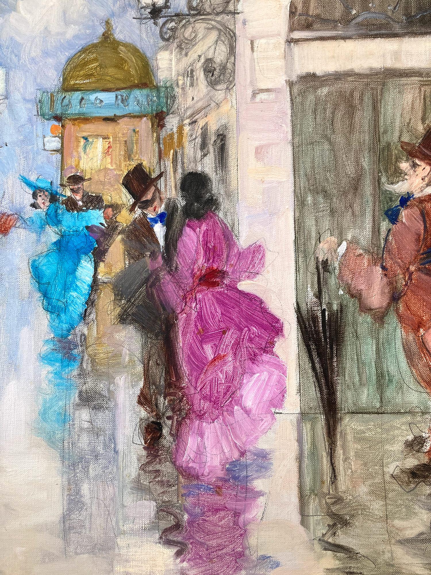 Peinture à l'huile impressionniste romantique représentant une scène de rue et des personnages d'un masqué vénitien en vente 3