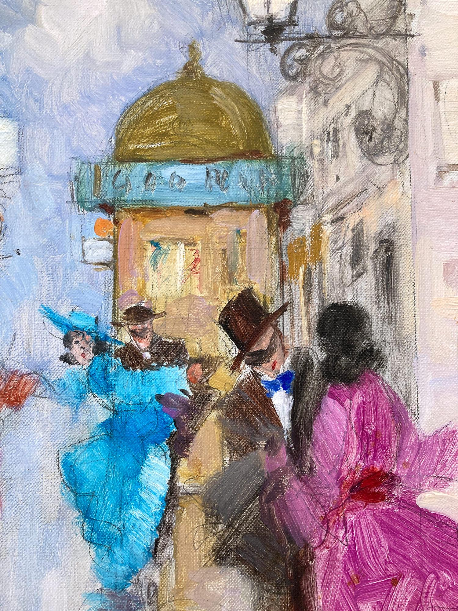 Peinture à l'huile impressionniste romantique représentant une scène de rue et des personnages d'un masqué vénitien en vente 5