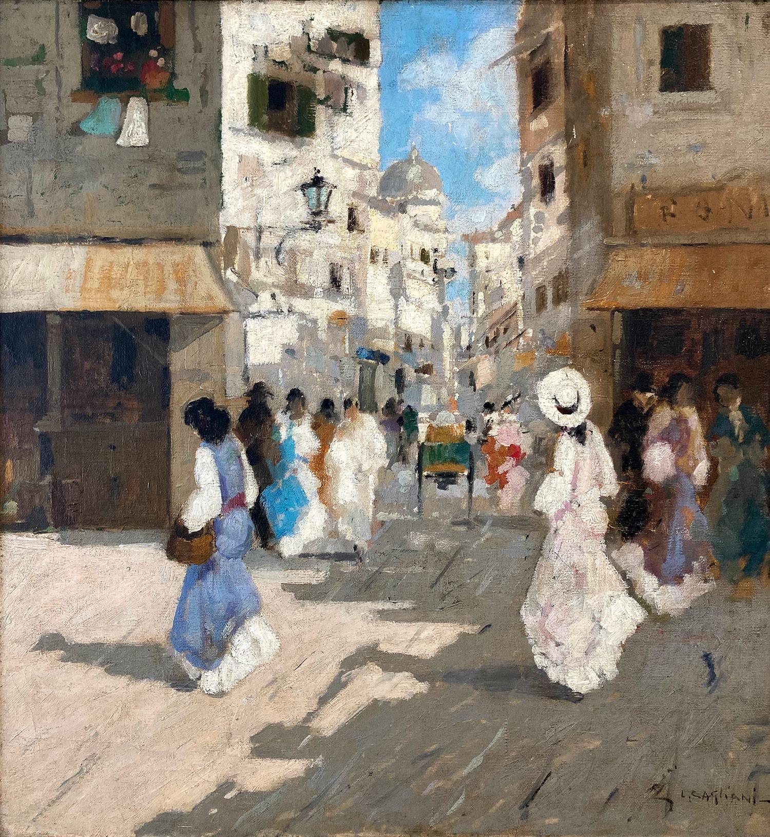 A whimsical oil painting depicting a Street Scene in Venice of people going about their day by Luigi Cagliani. As an Italian Impressionist artist, most of Cagliani's works were produced in the first half of the 20th Century. He was known for his