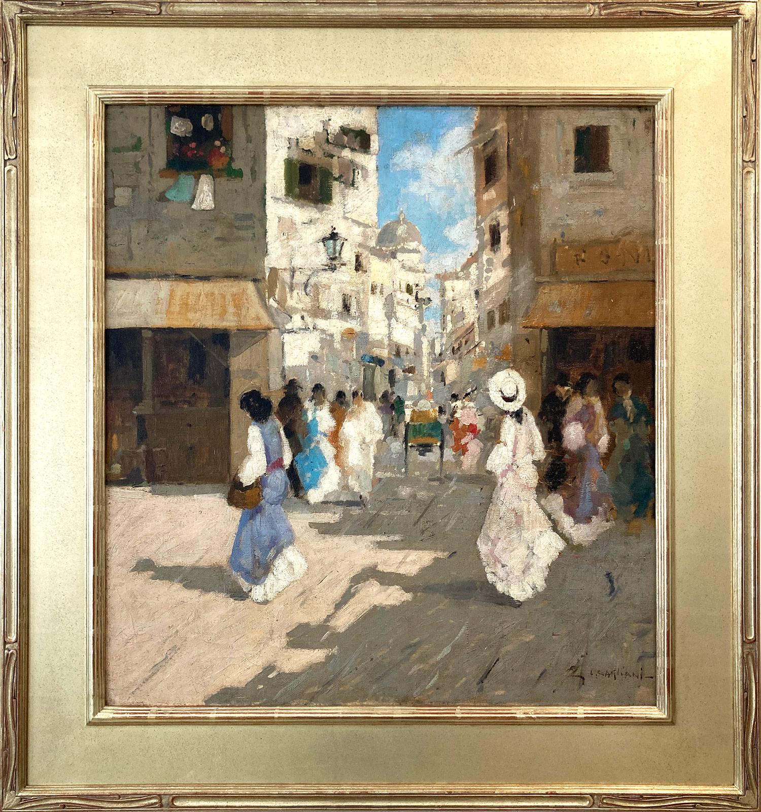 Luigi Cagliani Landscape Painting - "Venetian Scene" Romantic Impressionist Oil Painting Street Scene & Figures