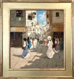 Antique "Venetian Scene" Romantic Impressionist Oil Painting Street Scene & Figures