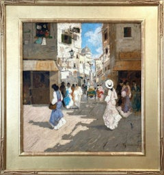 Antique "Venetian Town Scene" Romantic Impressionist Oil Painting Street Scene & Figures