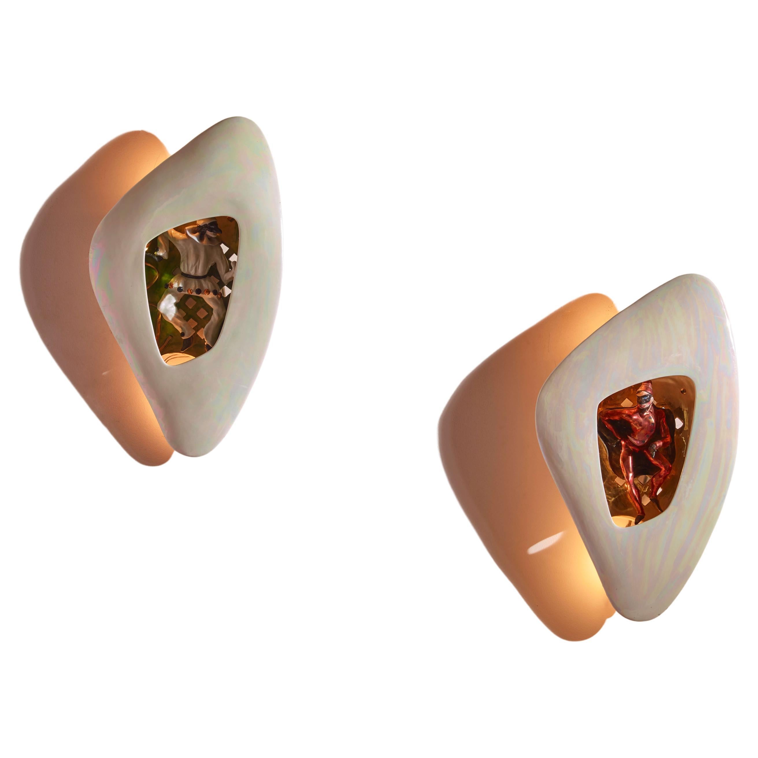 Luigi Carron allegoric ceramic wall lights by Alcyone Marostica, Italy, 1950s