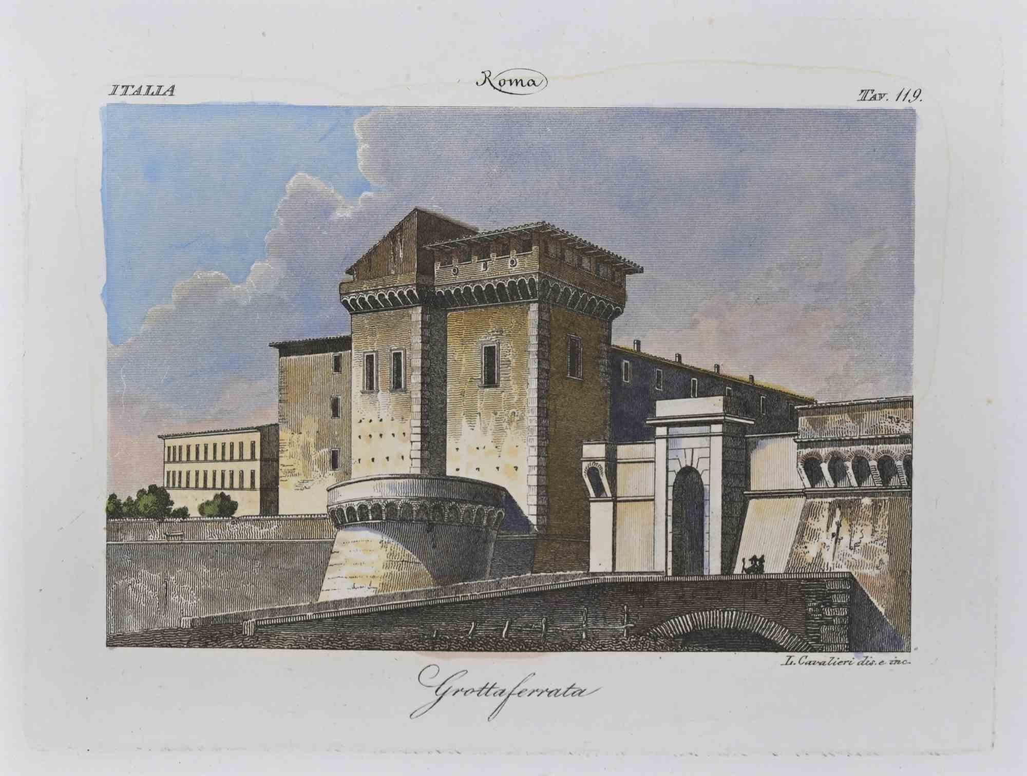 Luigi Cavalieri Landscape Print - Grottaferrata, Rome - Etching by L. Cavalieri - 19th Century