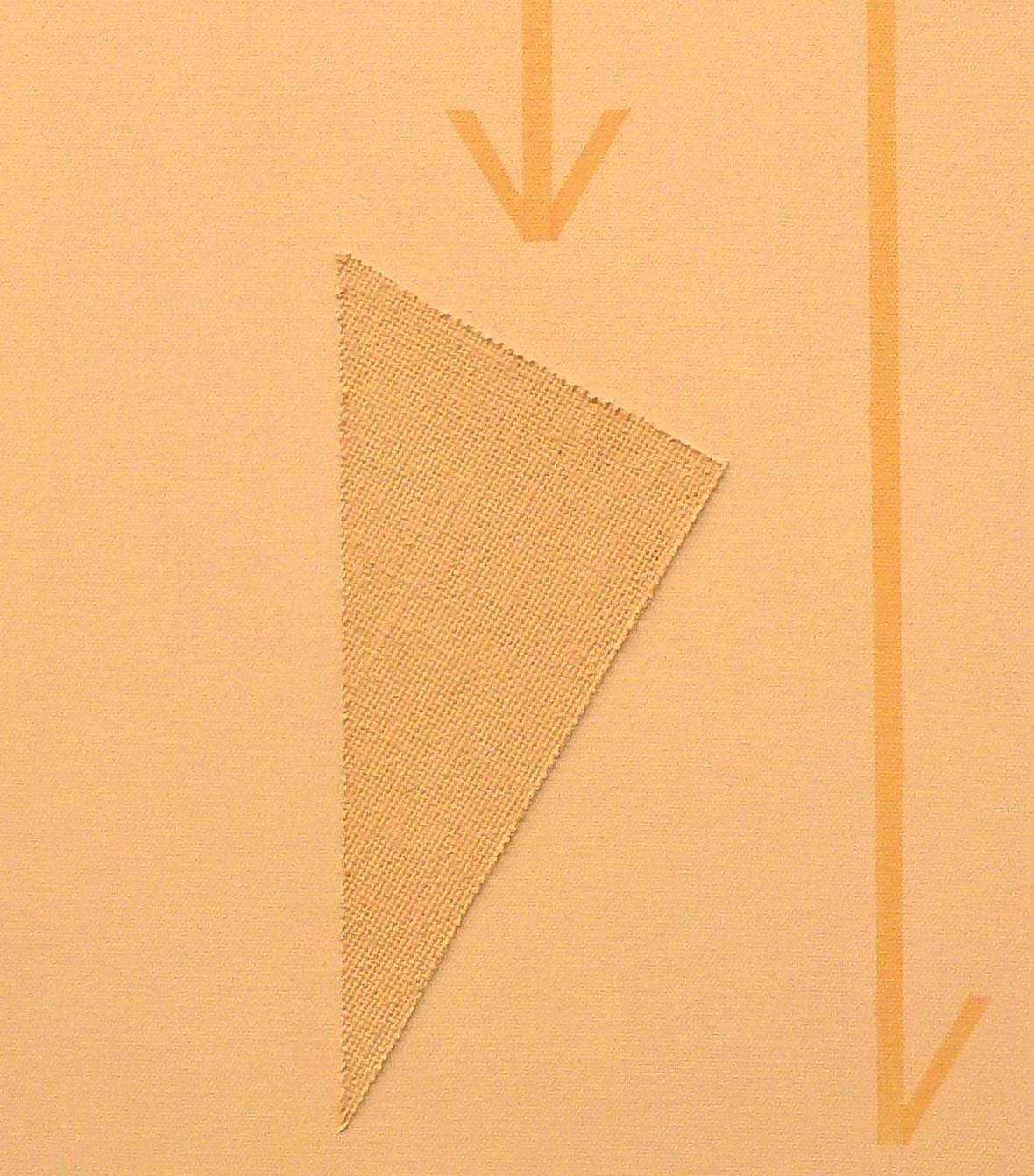 This artwork exhibits a minimalist composition with a captivating use of geometric shapes and subdued tones. The canvas is dominated by two prominent triangles—one textured and filled, the other hollow, showcasing an intricate triangular design