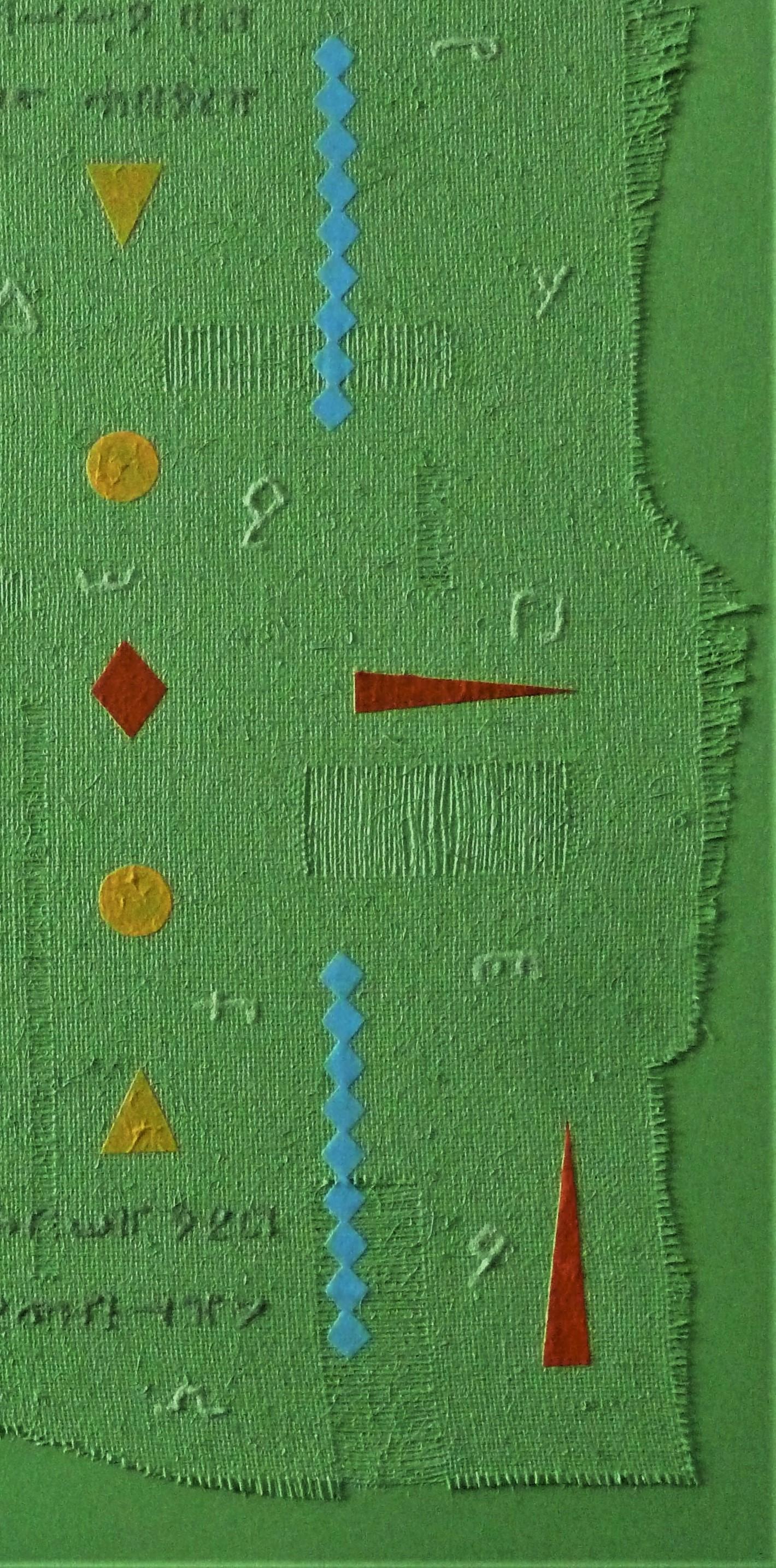 This artwork features a textured green canvas with frayed edges, creating an organic and raw aesthetic. Dominating the composition are bold geometric shapes in earthy red, sky blue, and vibrant orange, intricately arranged in a symmetrical pattern.