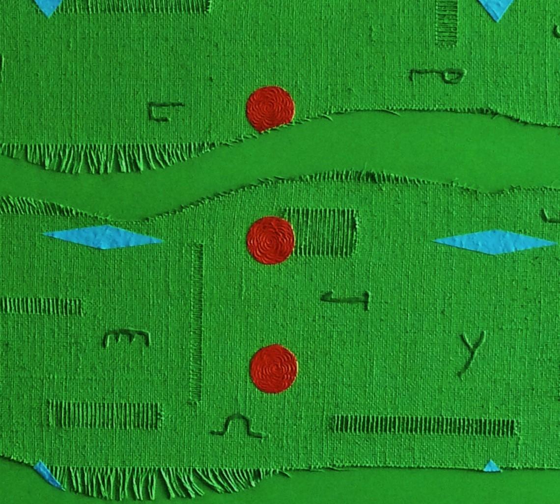 This artwork presents a striking composition on a vivid green background, featuring an array of abstract geometric shapes and cryptic symbols. The texture conveys a sense of tactile depth, with frayed edges adding an organic touch. Bright accents in